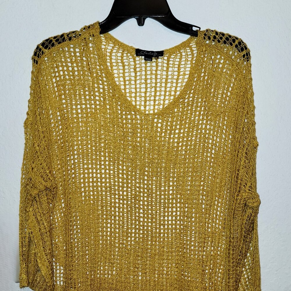 Charlie B Women's Goldenrod Crochet Knit See-Through Pullover Blouse Size XS